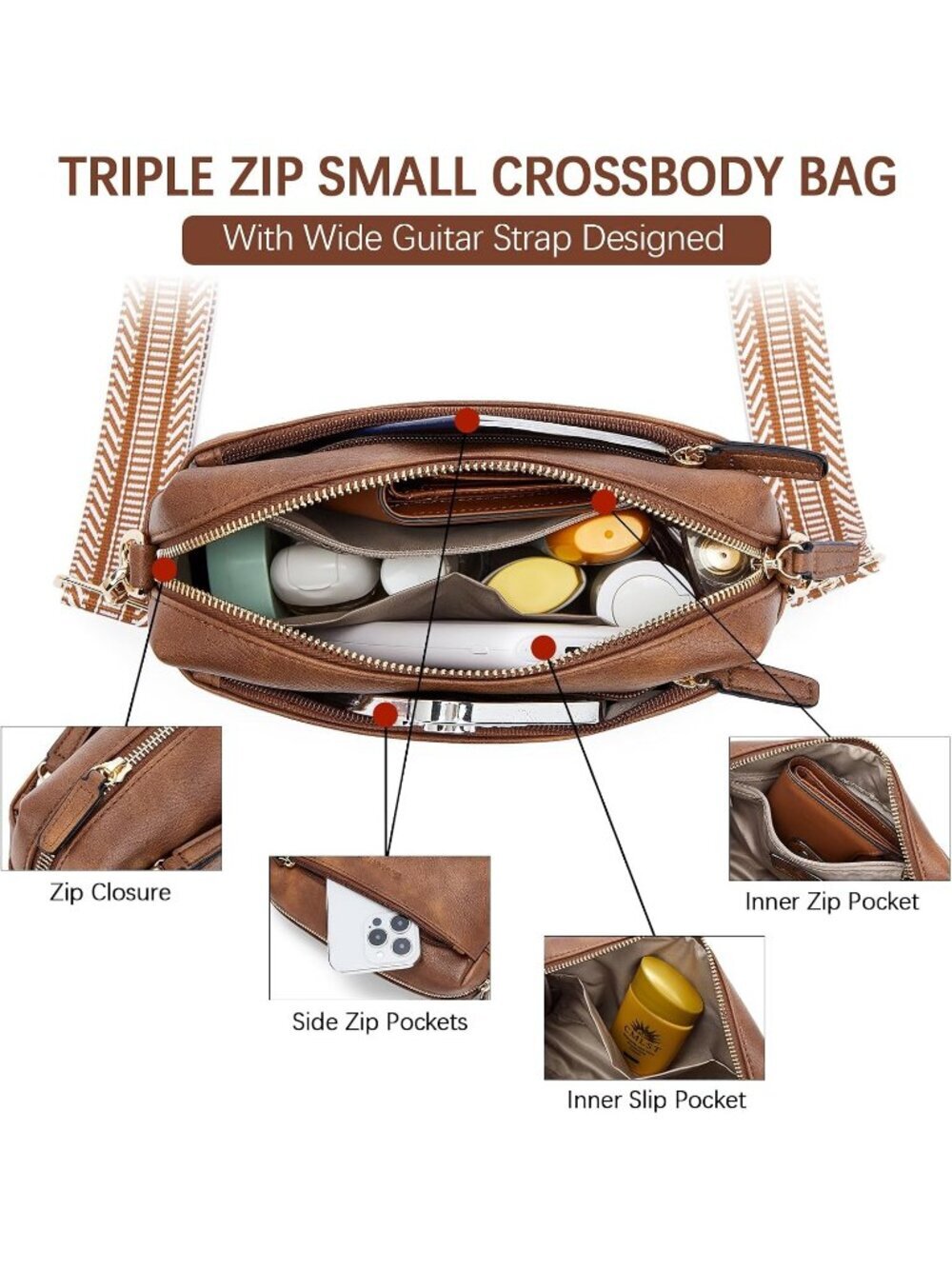 Women's Brown Leather Triple Zip Crossbody Bag Purse with Colored Shoulder Strap - Picture 6 of 6